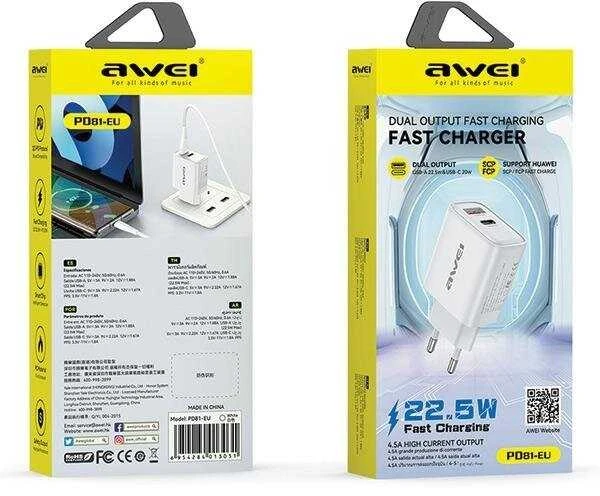 Įkroviklis Awei PD81-EU 22.5W USB-A/USB-C baltas