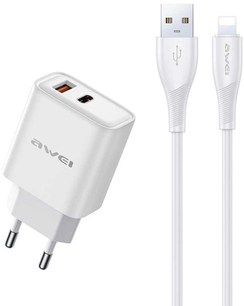 Įkroviklis Awei PD81L-EU 22.5W USB-A/USB-C + USB į Lightning laidas 1.0m baltas