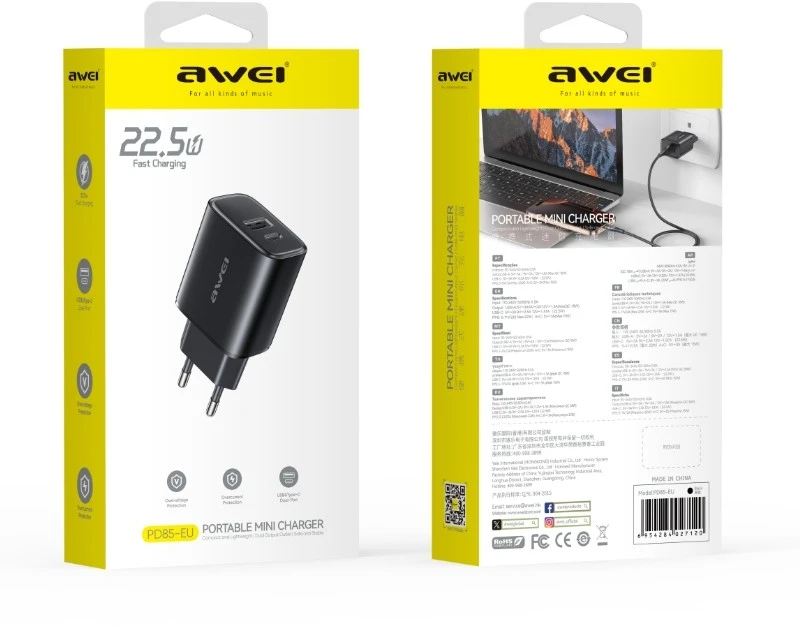 Įkroviklis Awei PD85T-EU 22.5W USB-A/USB-C + USB-A to USB-C cable 1.0m juodas