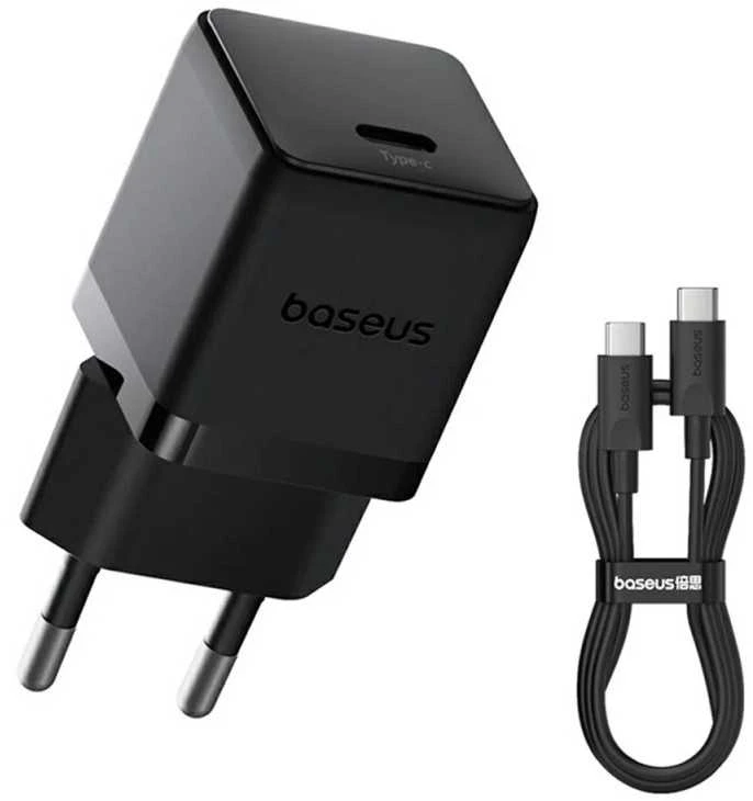 Baseus Sieninis įkroviklis Palm 20W USB-C QC3.0 PD3.0 su USB-C kabeliu 1m, juodas
