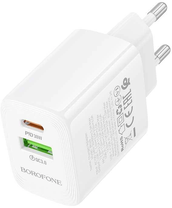 Borofone laidinis įkroviklis BN29 Fuente – USB + Type C – QC 3.0 PD 30W baltos spalvos