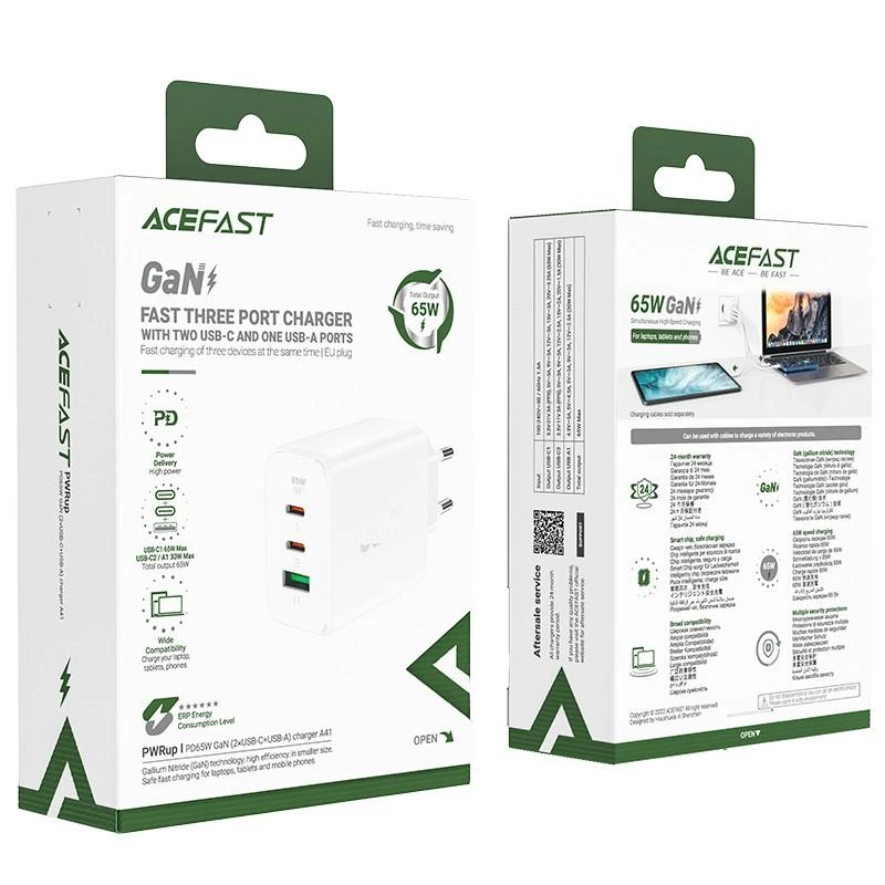 Acefast A41 sieninis įkroviklis, 2x USB-C + USB, GaN 65W (balta)
