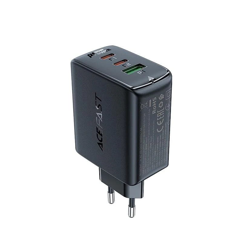 Acefast A41 sieninis įkroviklis, 2x USB-C + USB, GaN 65W (juodas)