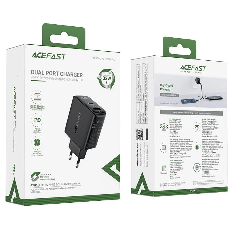 Sieninis įkroviklis Acefast A5 PD32W, USB + USB-C (juodas)