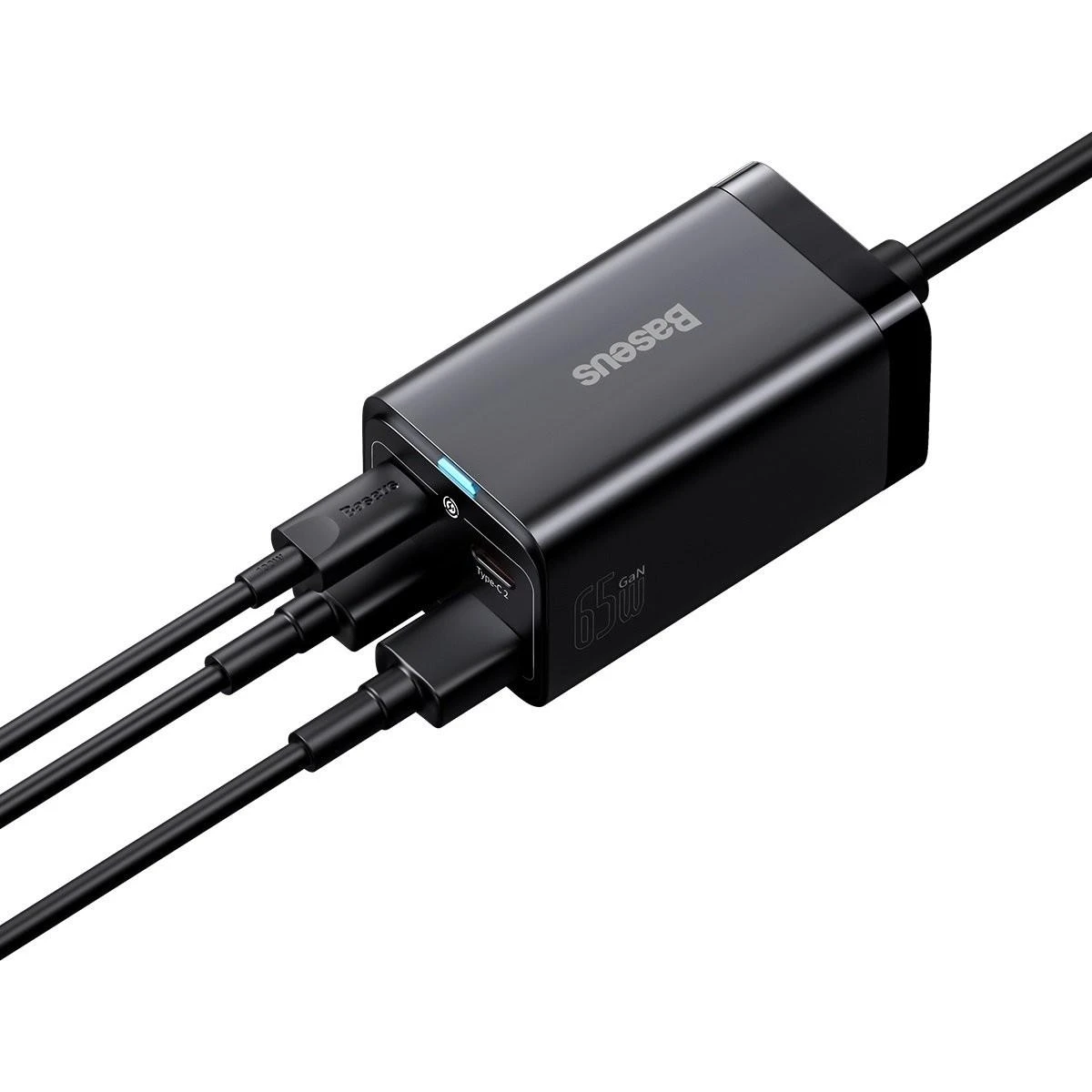 Baseus Sieninis įkroviklis GaN3 Pro 65W 2xUSB + 2xUSB-C QC4+ PD3.0 su USB-C 1.5m laidu, juodas