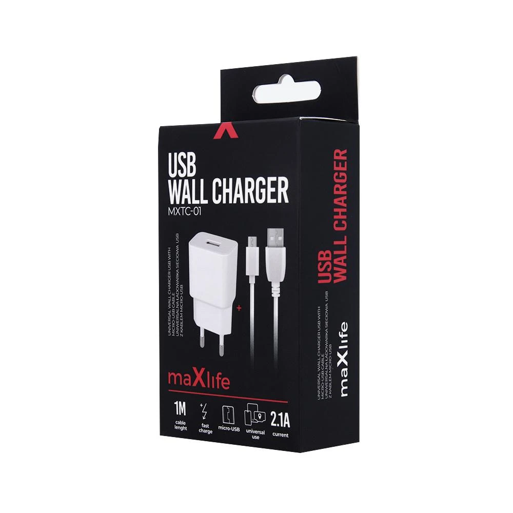 Įkroviklis buitinis Maxlife MXTC-01 FastCharging USB + microUSB (2.1A) baltas
