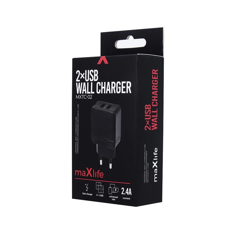 Įkroviklis buitinis Maxlife MXTC-02 su dviem USB jungtimis FastCharging (2.4A) juodas