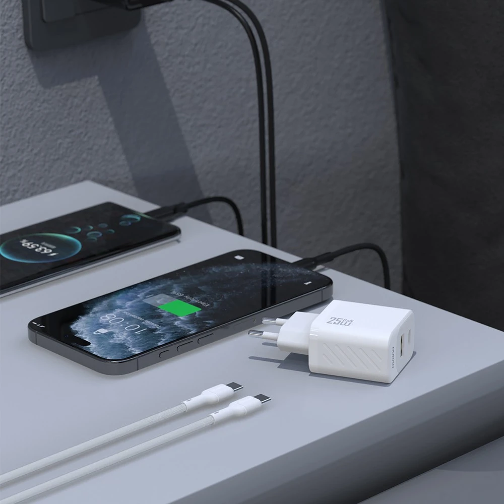 Dudao A26TCEU PD QC 25W GaN USB-A USB-C sieninis įkroviklis su USB-C laidu – baltas