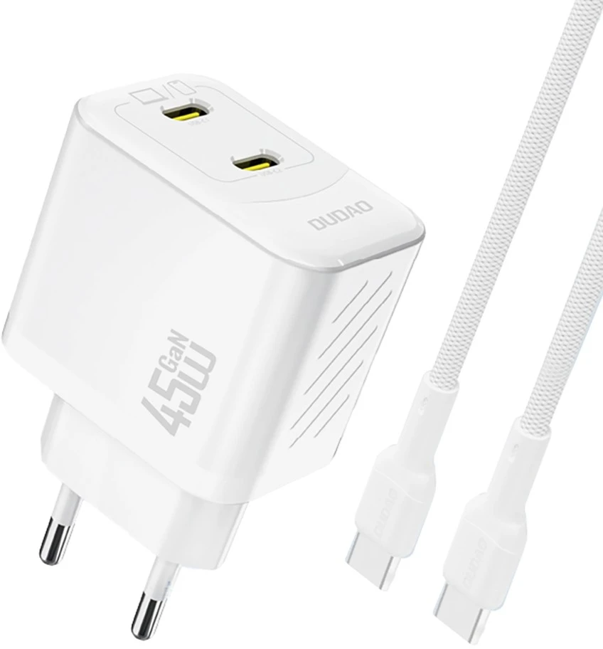 Dudao A28PCEU PD 45W GaN 2xUSB-C sieninis įkroviklis su USB-C laidu – baltas