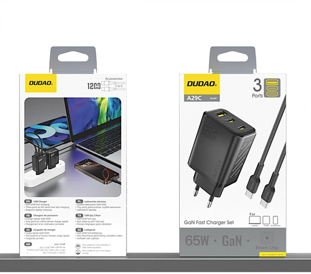 Dudao A29C 65W GaN laidinis įkroviklis + USB-C kabelis – juodos spalvos