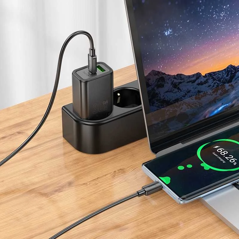 Įkroviklis Hoco N63 30W GaN USB-C/USB-A + USB-C to USB-C cable 1.0m juodas