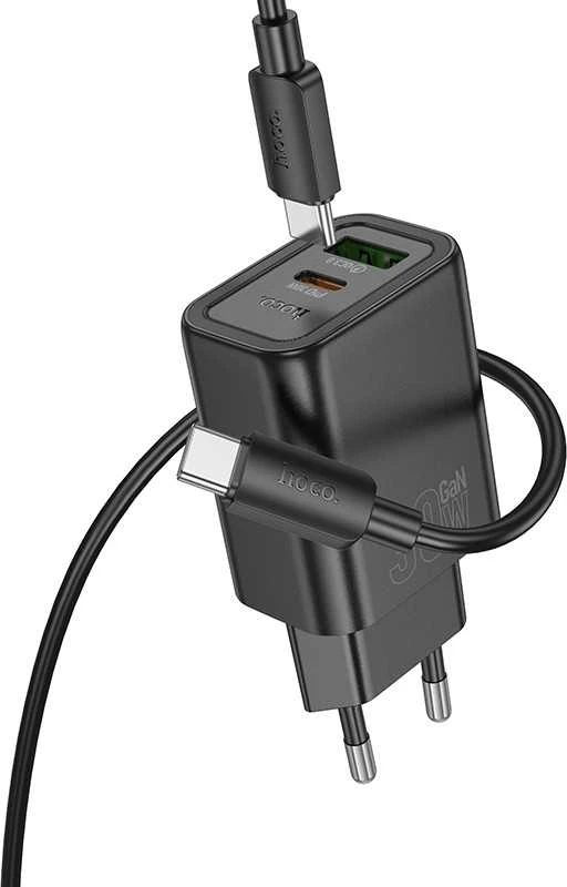 Įkroviklis Hoco N63 30W GaN USB-C/USB-A + USB-C to USB-C cable 1.0m juodas