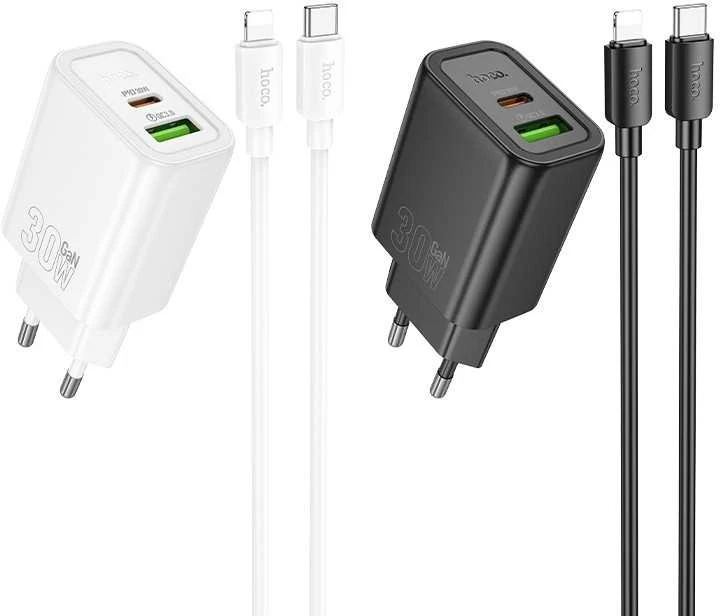 Įkroviklis Hoco N63 30W GaN USB-C/USB-A + USB-C to Lightning cable 1.0m baltas
