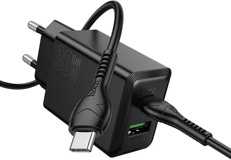 Įkroviklis Hoco N71 30W GaN USB-C/USB-A + USB-C to USB-C cable 1.0m juodas