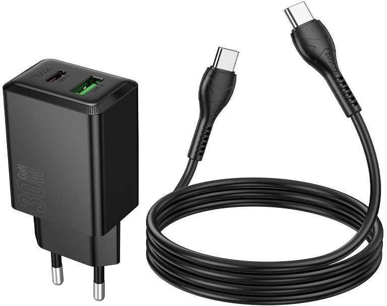 Įkroviklis Hoco N71 30W GaN USB-C/USB-A + USB-C to USB-C cable 1.0m juodas