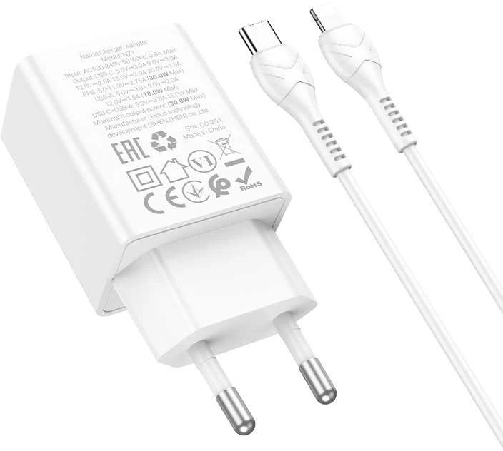 Įkroviklis Hoco N71 30W GaN USB-C/USB-A + USB-C to Lightning cable 1.0m baltas
