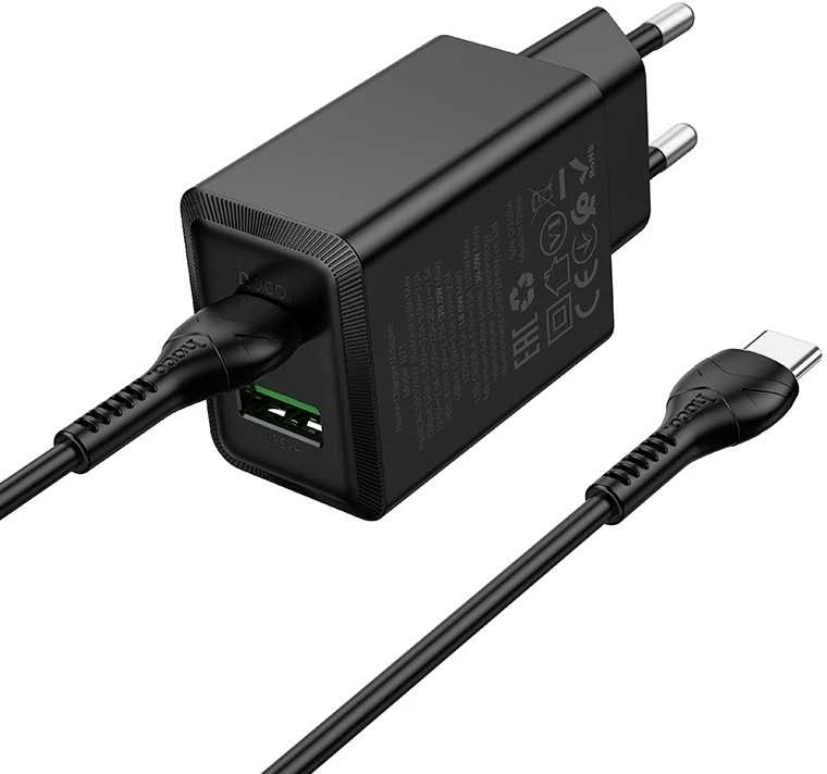 Įkroviklis Hoco N71 30W GaN USB-C/USB-A + USB-C to USB-C cable 1.0m juodas