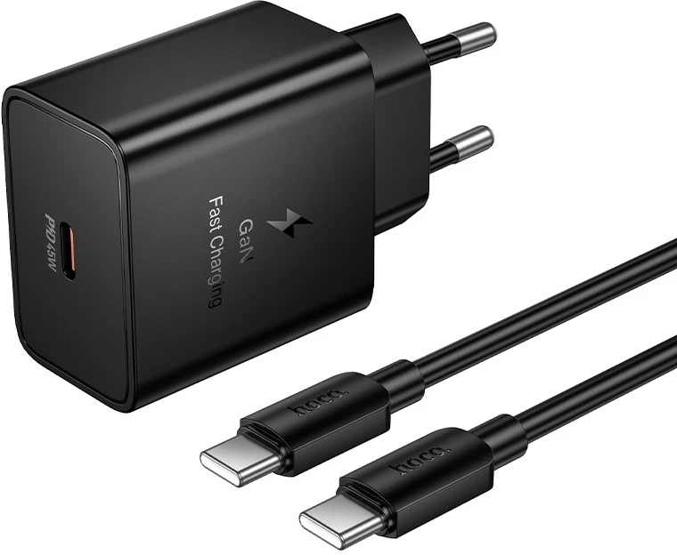 Įkroviklis Hoco N77 45W USB-C + USB-C to USB-C cable 1.0m juodas