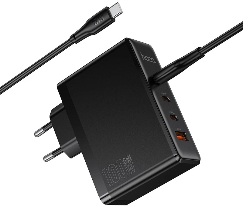 Įkroviklis Hoco N85 100W 3xUSB-C/USB-A + USB-C to USB-C 100W cable 2.0m juodas