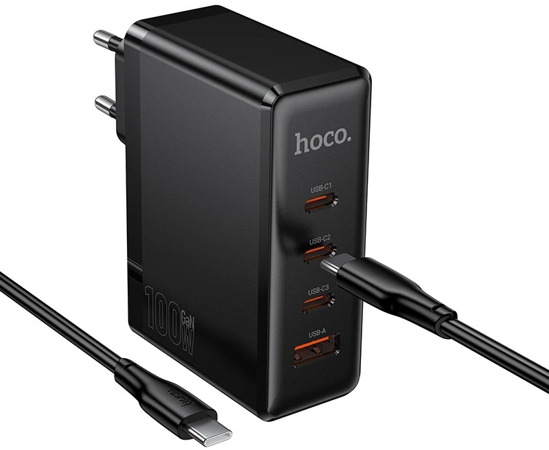 Įkroviklis Hoco N85 100W 3xUSB-C/USB-A + USB-C to USB-C 100W cable 2.0m juodas