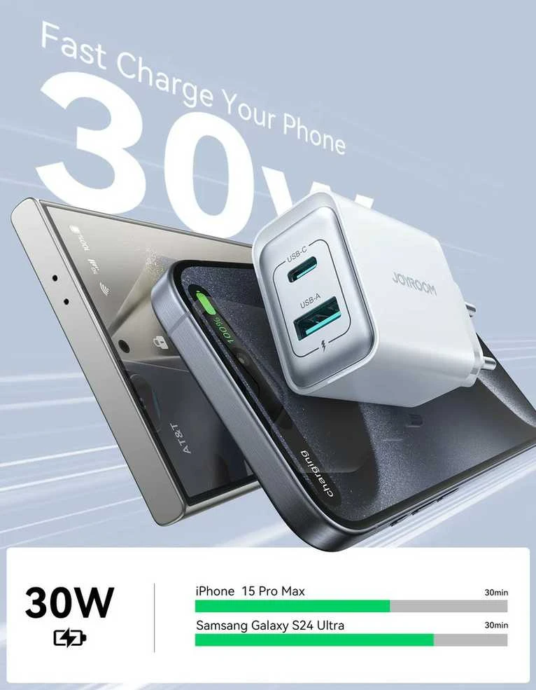 Įkroviklis Joyroom JR-TCF15 30W USB-C/USB-A baltas