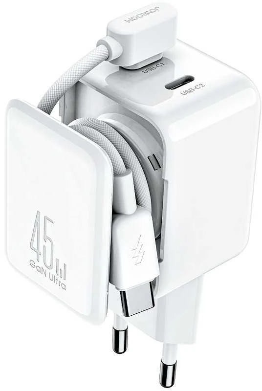 Joyroom JR-TCL05 45W GaN sieninis įkroviklis su laidų tvarkytuvu – baltos spalvos