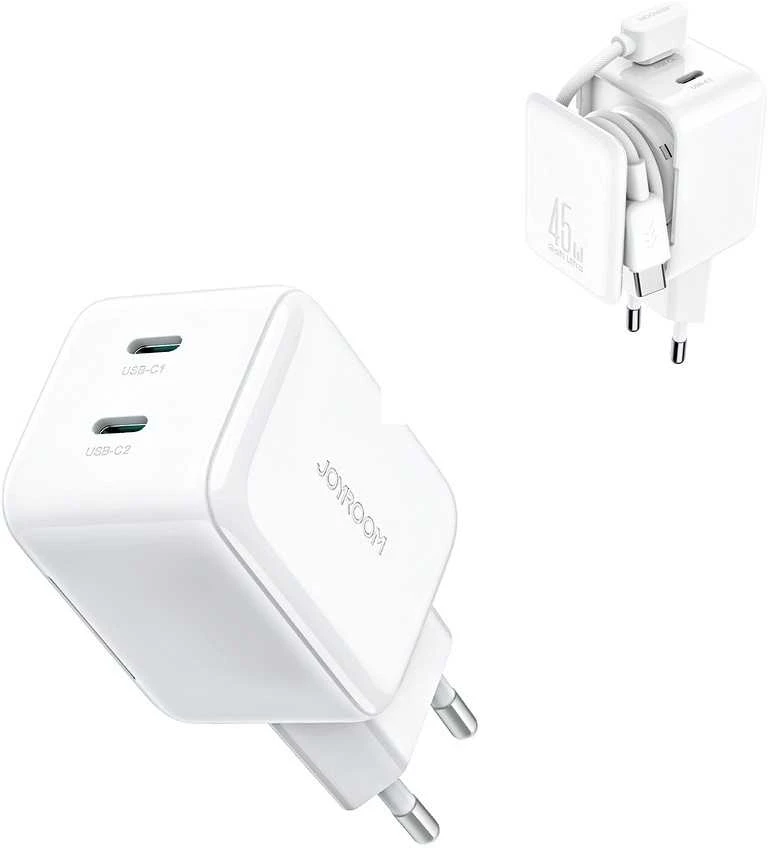 Joyroom JR-TCL05 45W GaN sieninis įkroviklis su laidų tvarkytuvu – baltos spalvos