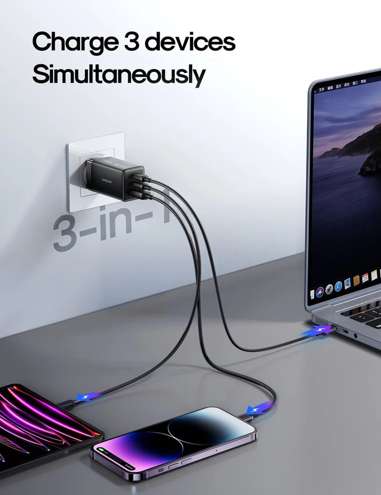 Joyroom Travel Charger GaN Fast Charger C+C+U, PD 65W with Type-C to Type-C Cable (1.2m), Juodas (JR-TG10)