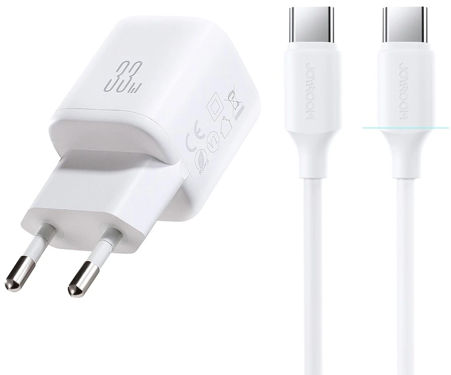 Joyroom JR-TG7 33W USB-A + USB-C sieninis įkroviklis su 60W USB-C į USB-C 1m laidu - Baltas