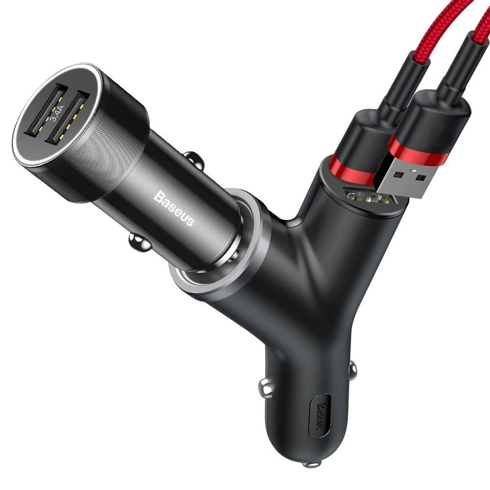 Baseus Automobilinis įkroviklis 12-24V 2xUSB 3.4A su lizdu cigarečių pridegėjui, juodas