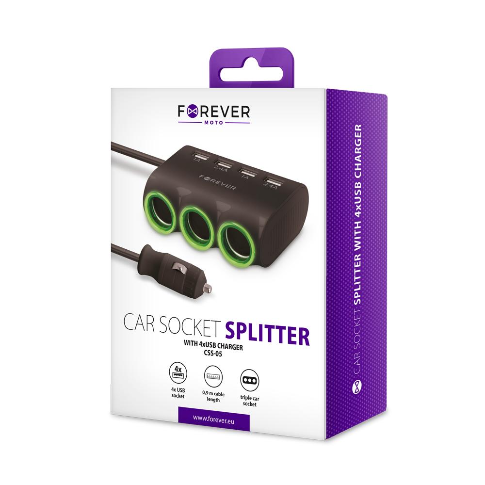 Automobilinis įkroviklis-šakotuvas Forever CSS-05 3 in 1 su 4xUSB ir 3x12V jungtimis