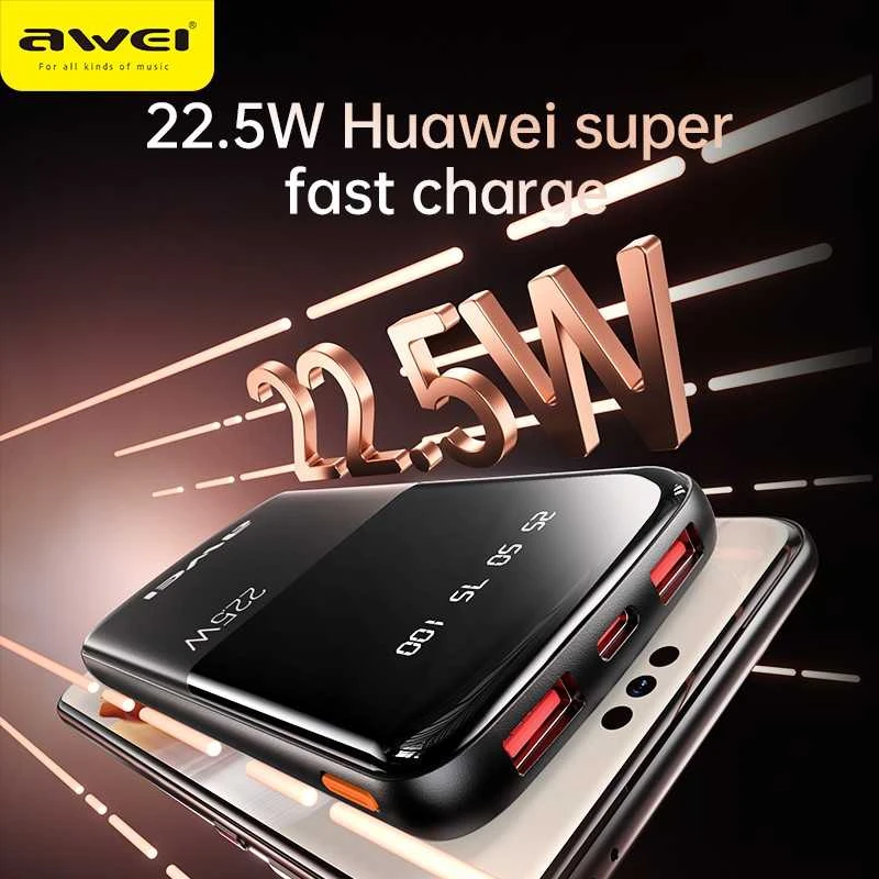 Išorinė baterija Power Bank Awei P10K 22.5W 10000mAh juoda