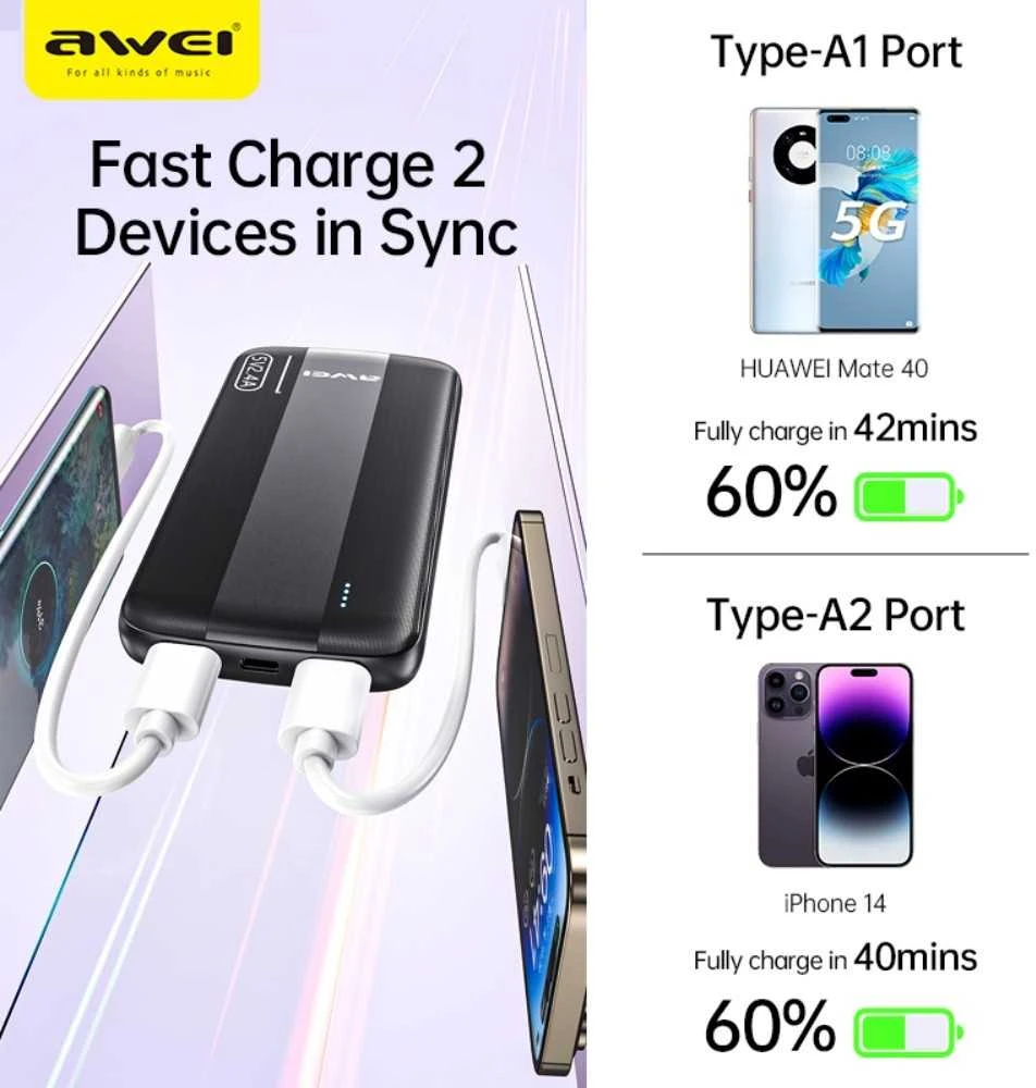 Išorinė baterija Power Bank Awei P20K 5V/2.4A 10000mAh juoda