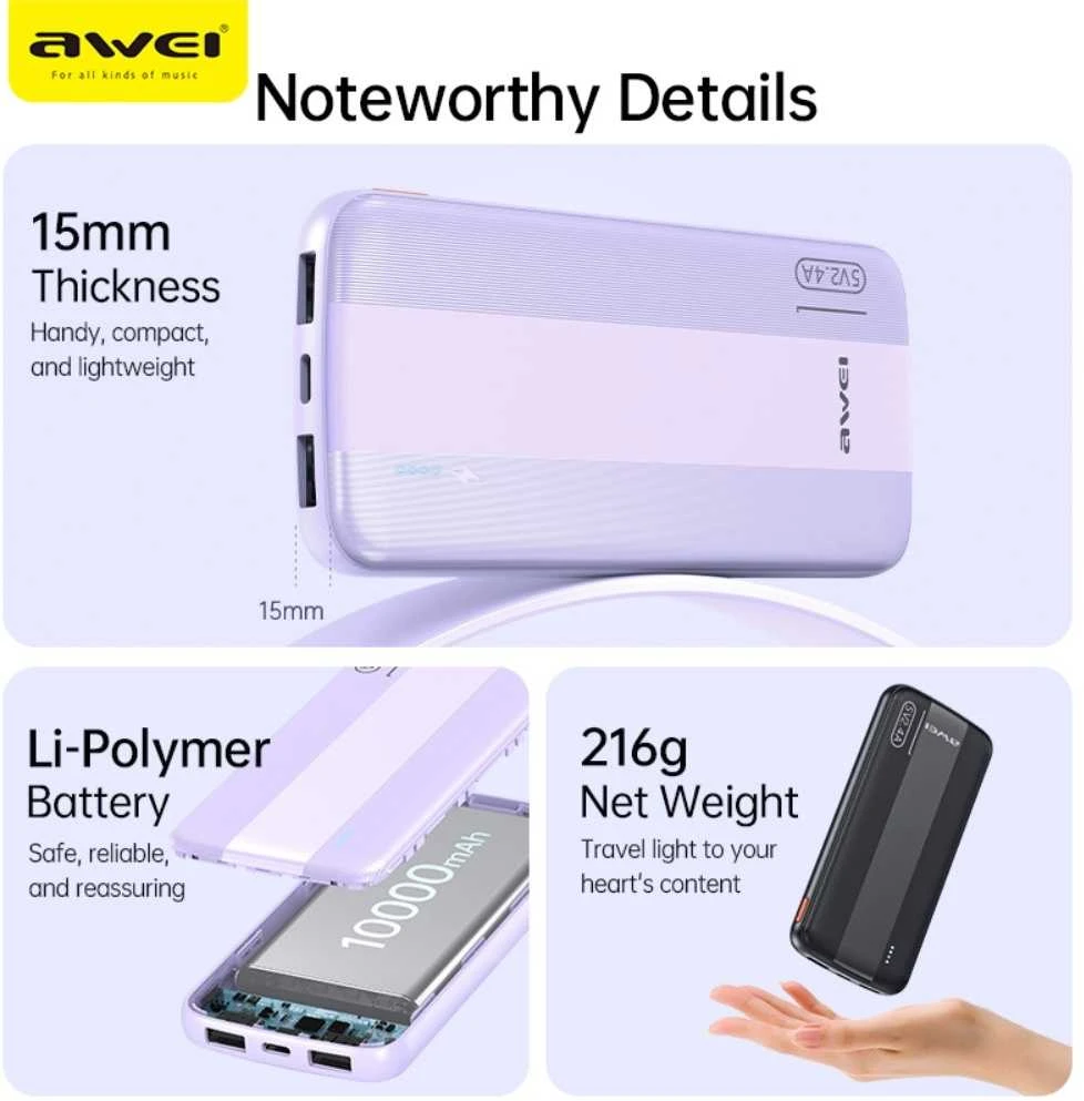 Išorinė baterija Power Bank Awei P20K 5V/2.4A 10000mAh juoda