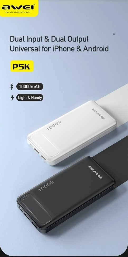 AWEI PowerBank P5K 10000mAh 2.1A juodos spalvos 2xUSB