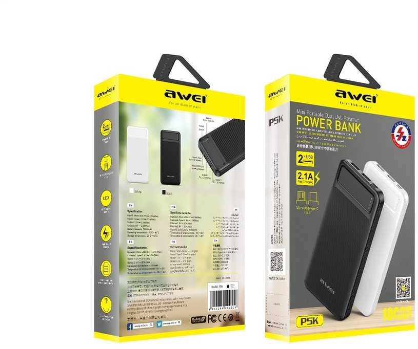 AWEI PowerBank P5K 10000mAh 2.1A juodos spalvos 2xUSB