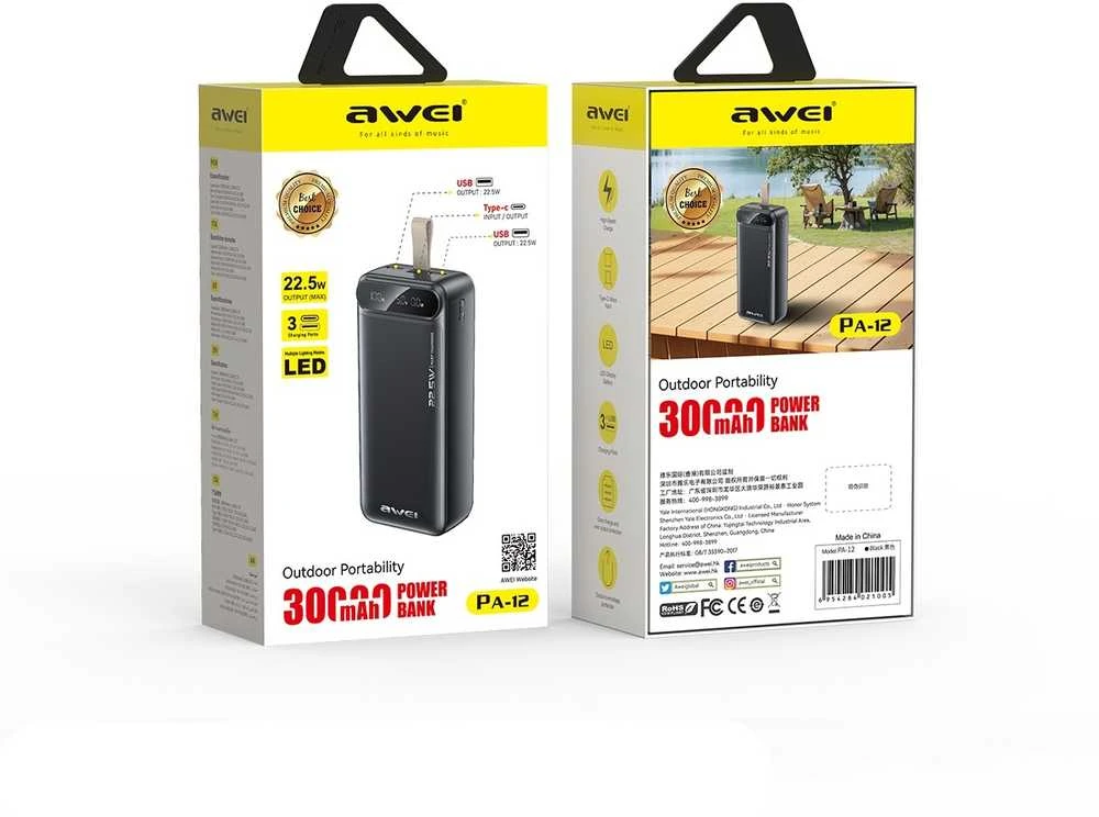 AWEI PowerBank PA-12 30000mAh 22.5W juodos spalvos