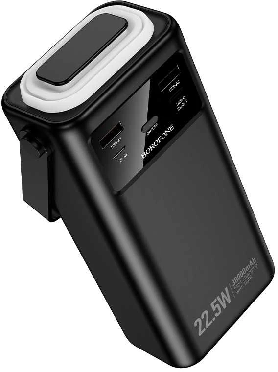 „Borofone“ išorinė baterija 30000mAh BJ65 High – 2xUSB + C tipo – QC 3.0 22,5W + PD 20W su USB, C tipo, „Lightning“ ir micro USB jungtimis, juodos spalvos