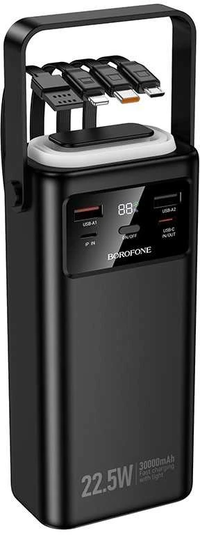 „Borofone“ išorinė baterija 30000mAh BJ65 High – 2xUSB + C tipo – QC 3.0 22,5W + PD 20W su USB, C tipo, „Lightning“ ir micro USB jungtimis, juodos spalvos
