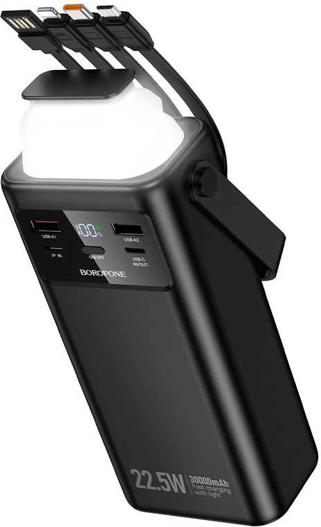 „Borofone“ išorinė baterija 30000mAh BJ65 High – 2xUSB + C tipo – QC 3.0 22,5W + PD 20W su USB, C tipo, „Lightning“ ir micro USB jungtimis, juodos spalvos