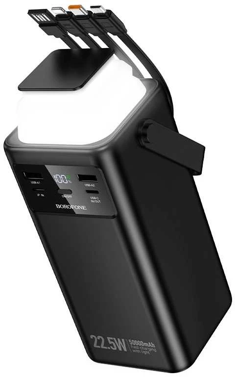 „Borofone“ išorinė baterija 50000mAh BJ65A High – 2xUSB + C tipo – QC 3.0 22,5W + PD 20W su USB, C tipo, „Lightning“ ir micro USB jungtimis, juodos spalvos
