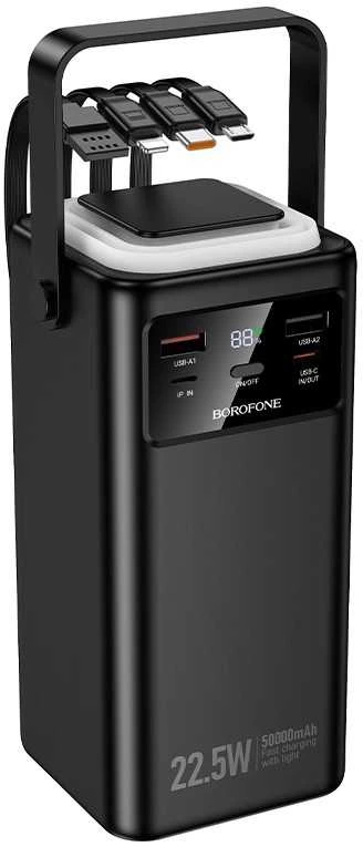„Borofone“ išorinė baterija 50000mAh BJ65A High – 2xUSB + C tipo – QC 3.0 22,5W + PD 20W su USB, C tipo, „Lightning“ ir micro USB jungtimis, juodos spalvos