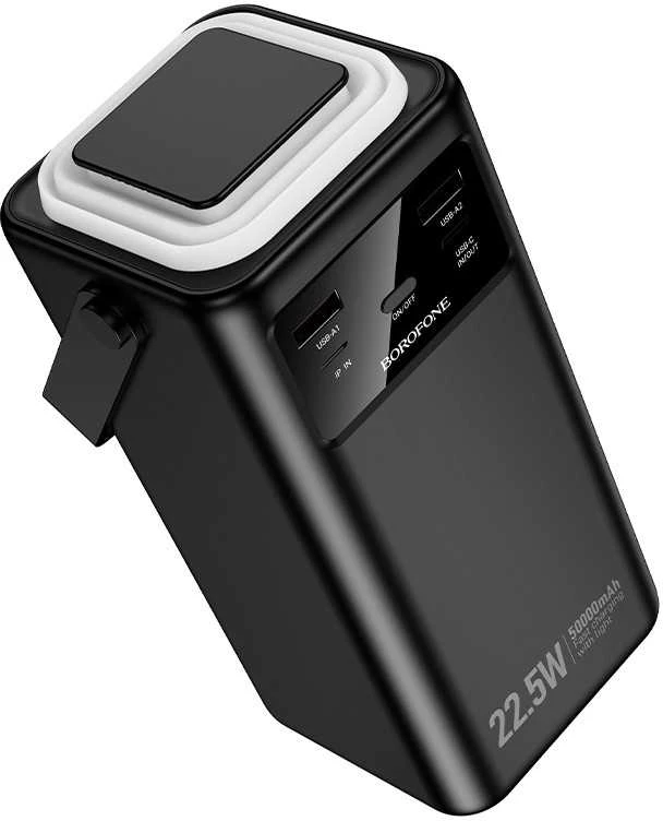 „Borofone“ išorinė baterija 50000mAh BJ65A High – 2xUSB + C tipo – QC 3.0 22,5W + PD 20W su USB, C tipo, „Lightning“ ir micro USB jungtimis, juodos spalvos