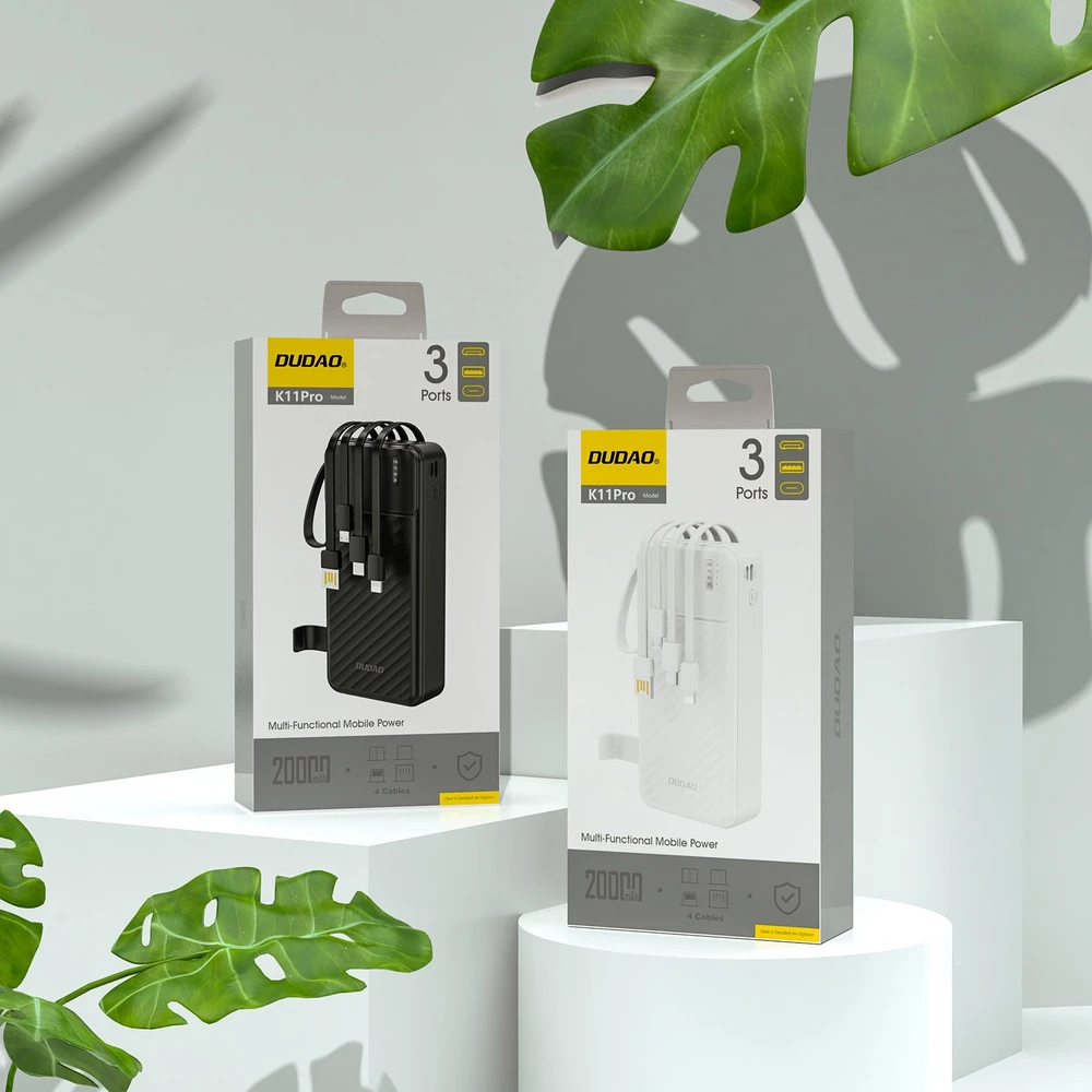 Dudao K11 Pro 20000mAh Powerbank su integruotais kabeliais – juodos spalvos