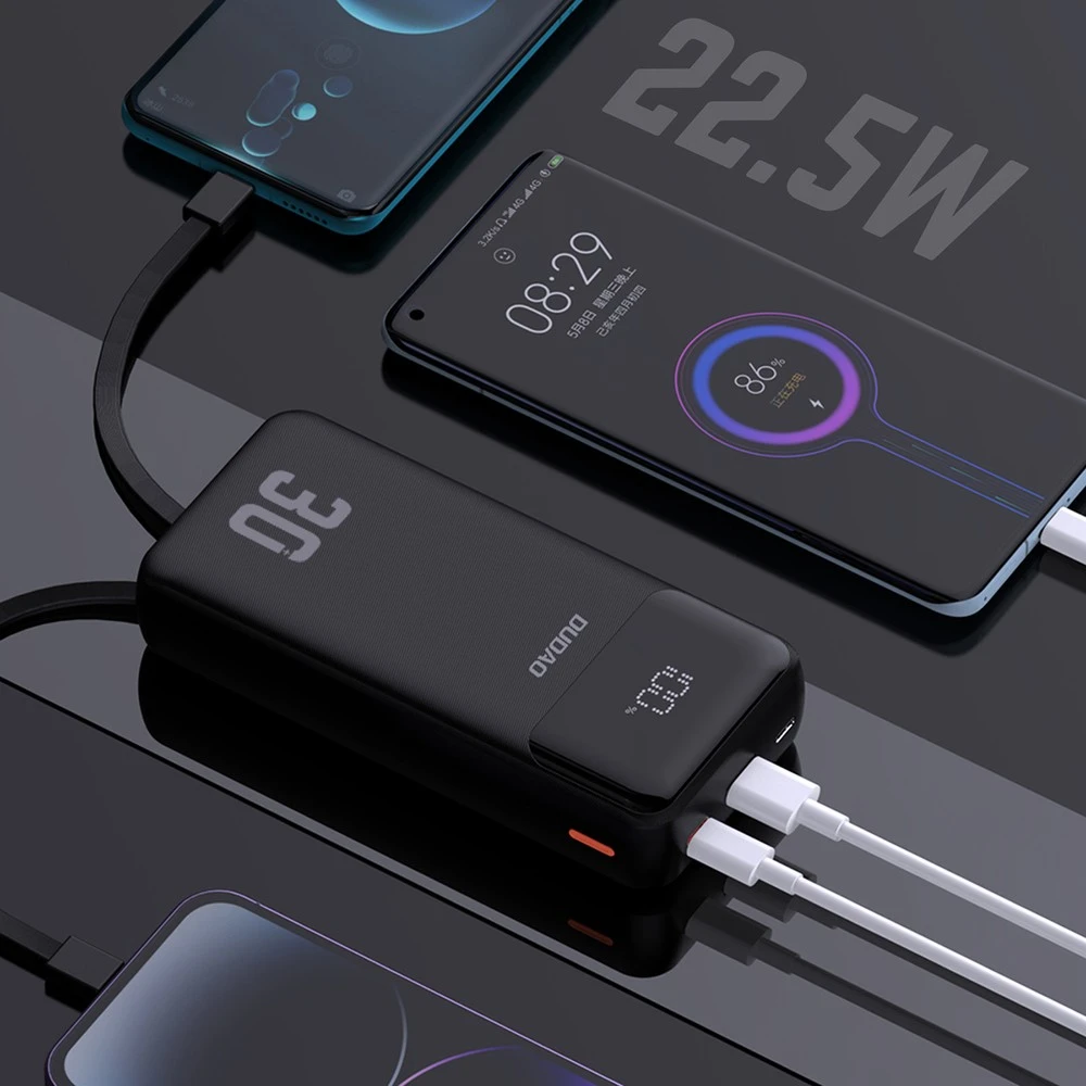 Dudao K15MAX 30000mAh PD 22.5W išorinė baterija su įmontuotais laidais – juoda
