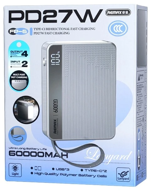 Išorinė baterija Power Bank Remax FP-5 27W 60000mAh pilka