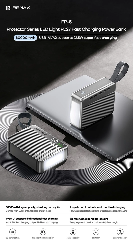 Išorinė baterija Power Bank Remax FP-5 27W 60000mAh pilka