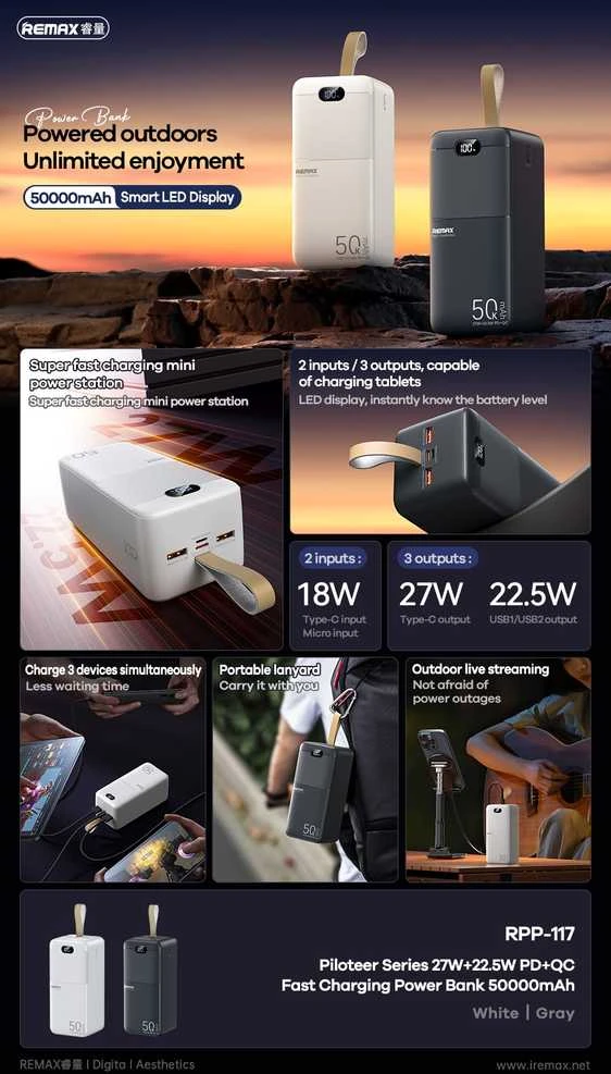 Išorinė baterija Power Bank Remax RPP-117 22.5W 50000mAh juoda