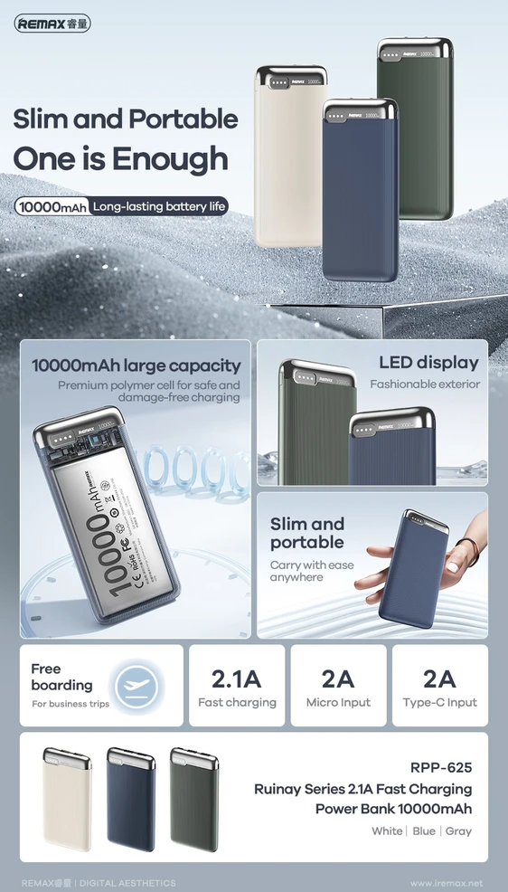 Išorinė baterija Power Bank Remax RPP-625 10000mAh mėlyna