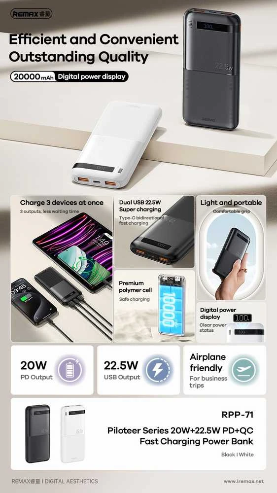 Greito įkrovimo išorinė baterija (Powerbank) REMAX RPP-71 10000mAh 22.5W QC + 20W PD, juoda